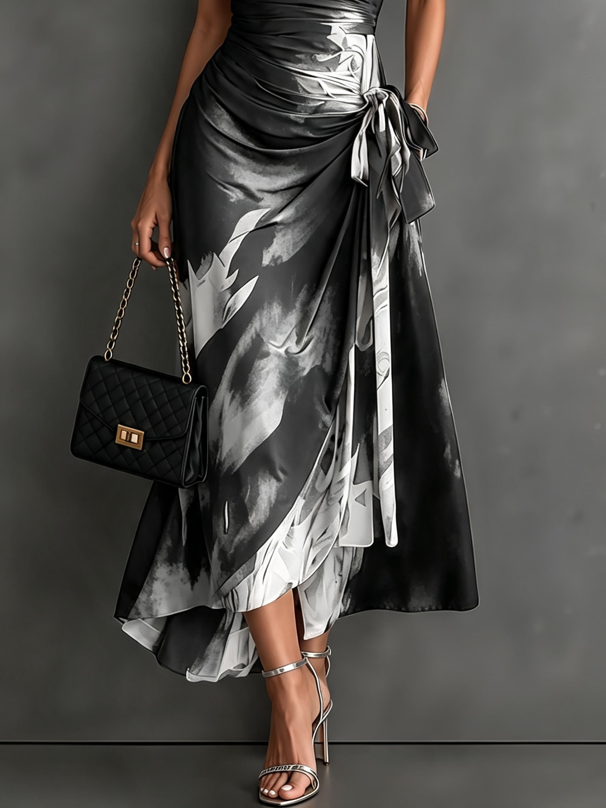 Robe midi portefeuille à imprimé abstrait rouge et noir