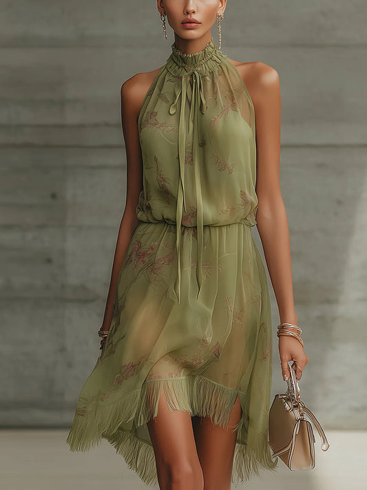 Sylvie | Mini Robe en Mousseline Fleurie Verte, Taille Haute