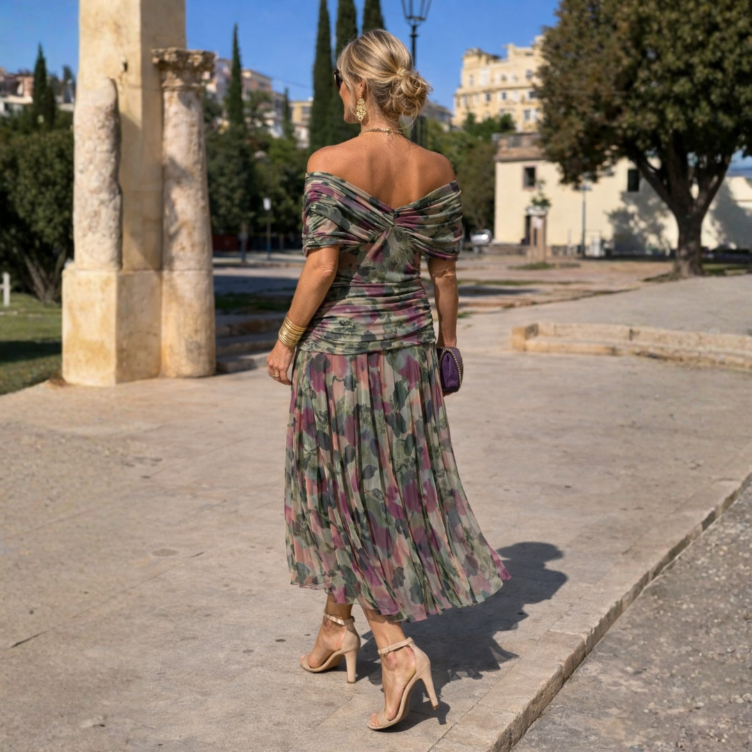 MIKAELA | Robe longue drapée à épaules dénudées
