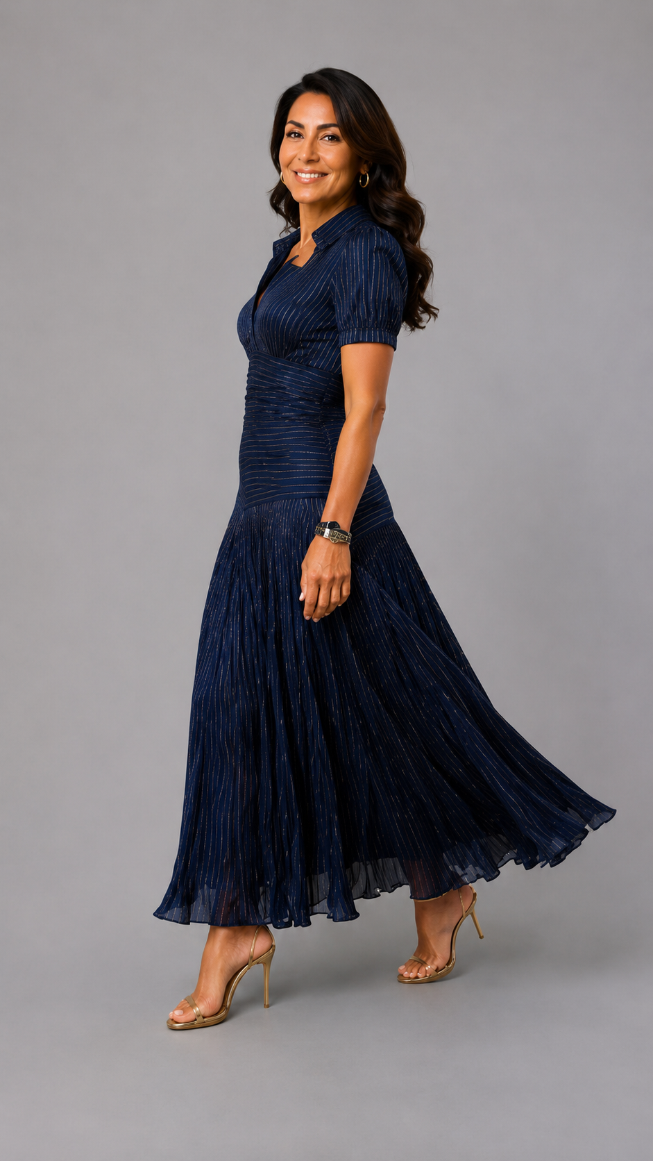 ADRIANA | Robe midi satinée à rayures rétro