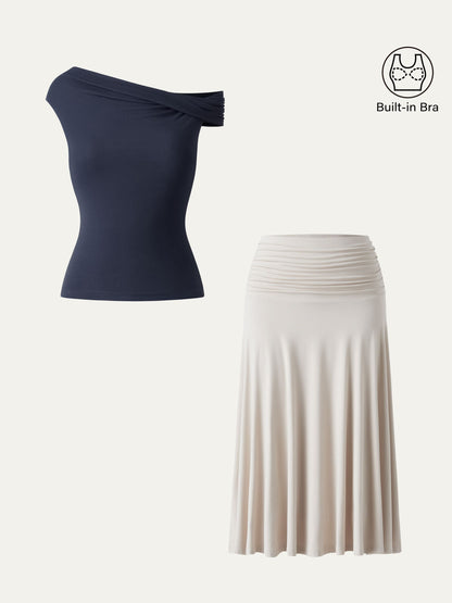 Ensemble femme 2 pièces avec top bralette et jupe midi trapèze