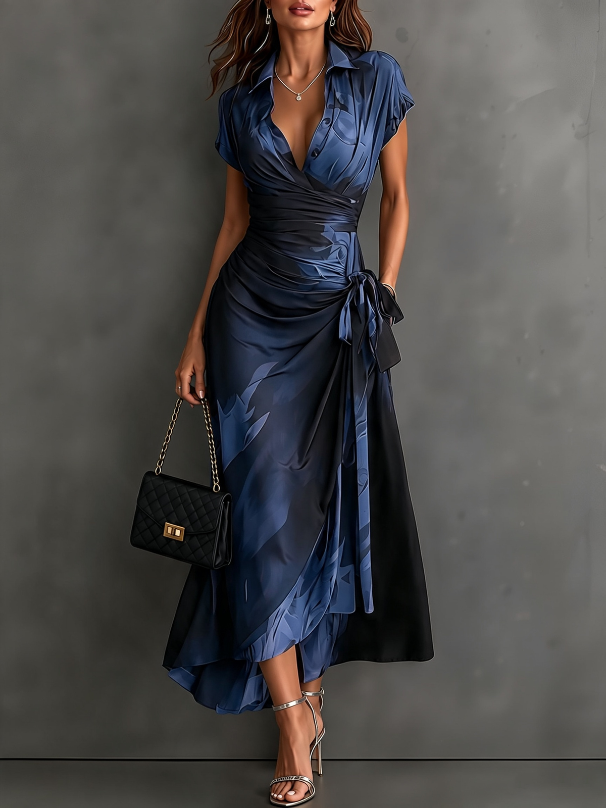 Robe midi portefeuille à imprimé abstrait rouge et noir