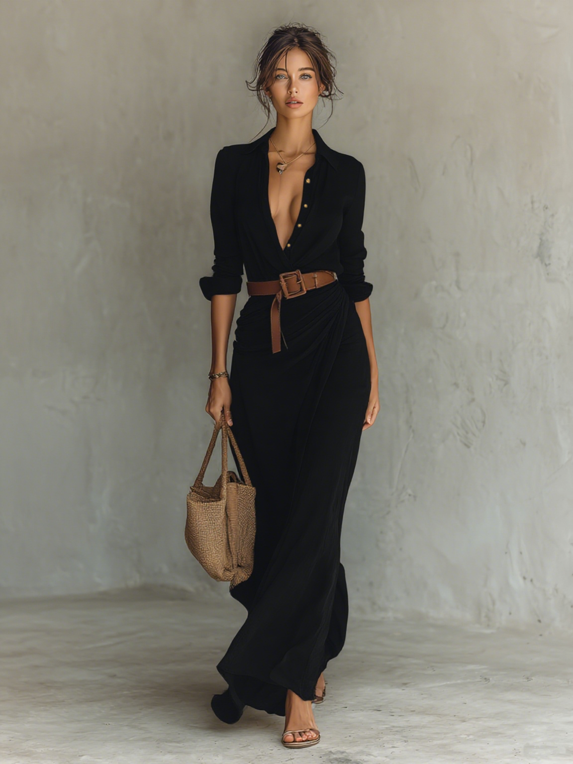 Valentine | Robe Maxi Col Revers, Manches Longues