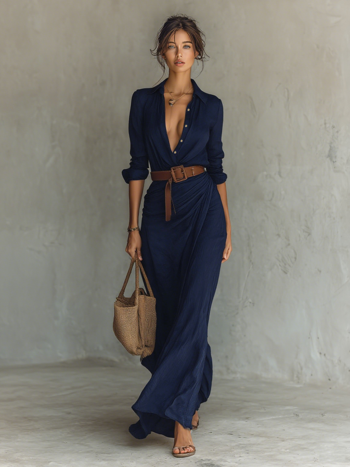 Philippine | Robe Maxi Col Revers, Manches Longues