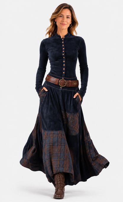 MARTINA | Robe longue bohème à carreaux et patchwork