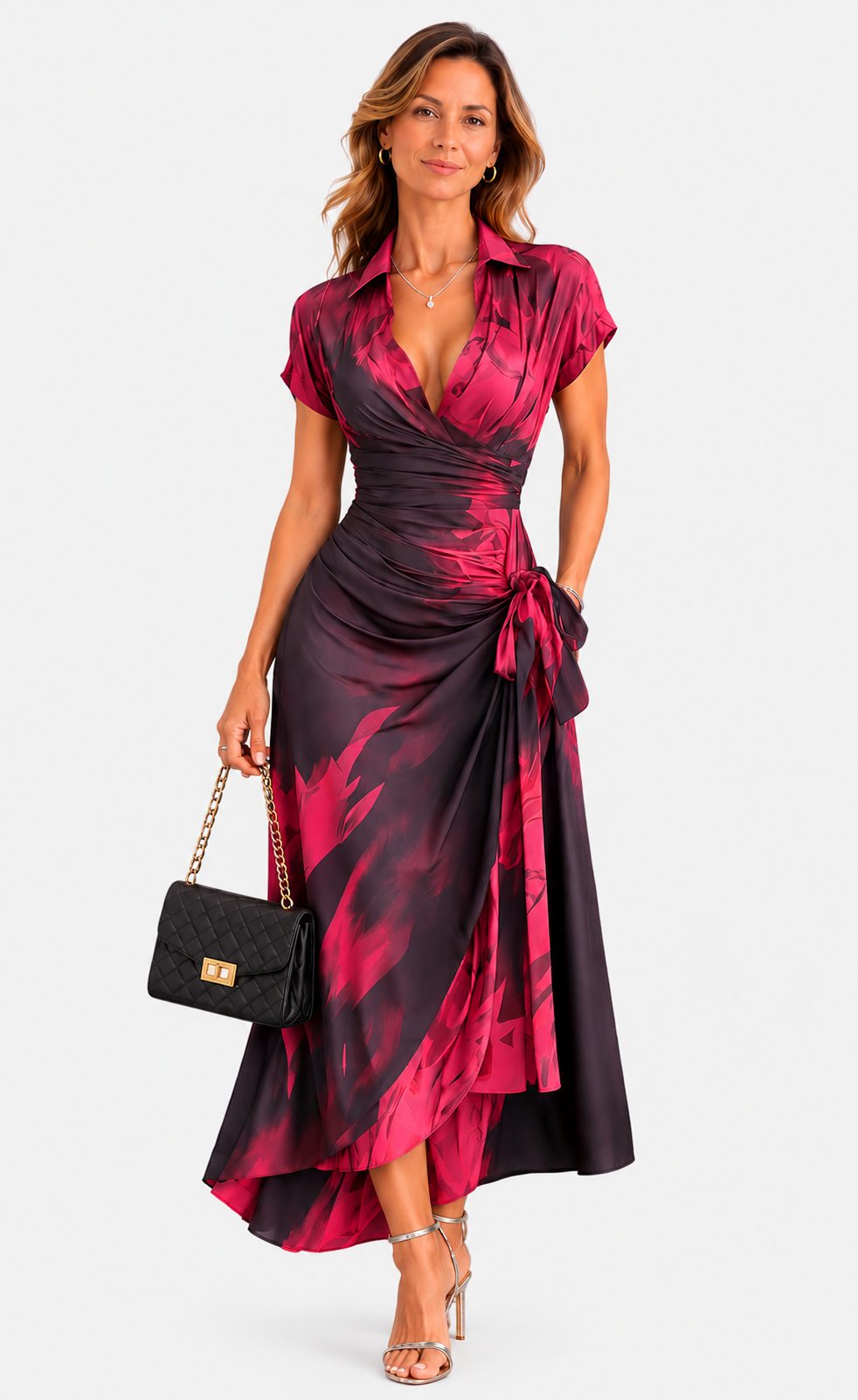 Robe midi portefeuille à imprimé abstrait rouge et noir