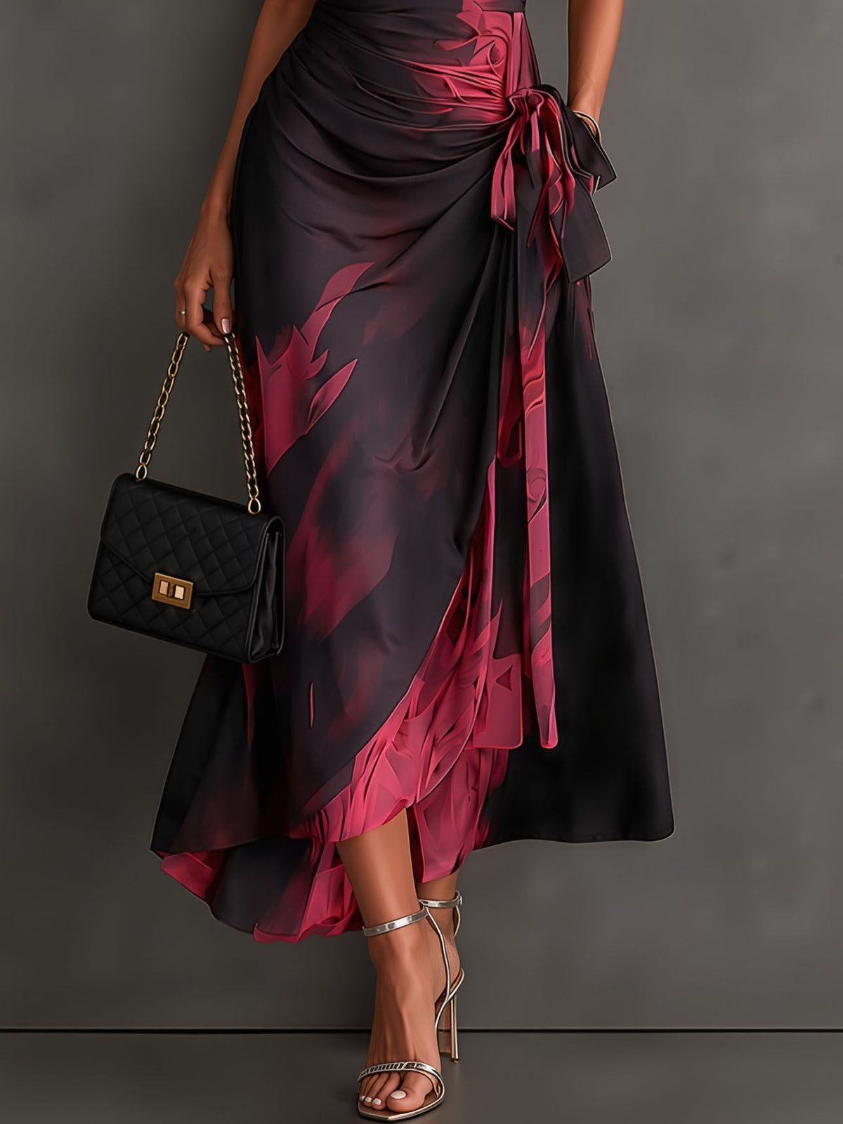 Robe midi portefeuille à imprimé abstrait rouge et noir